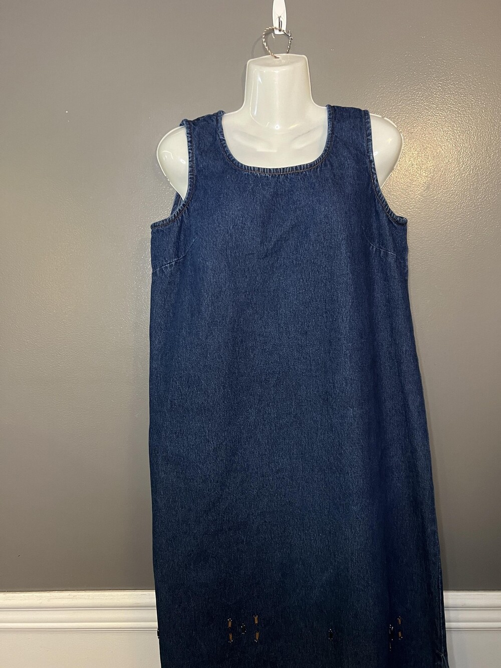 Parsley & Sage Dress Womens Large Blue Denim Beaded Hem Tank Maxi Sleeveless